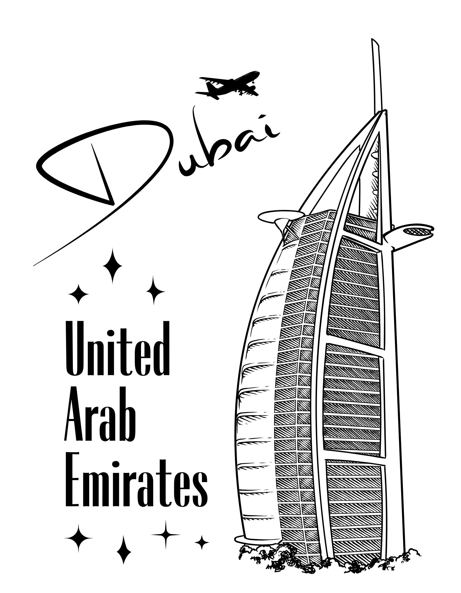 Black And White Illustrated Dubai Travel T-Shirt